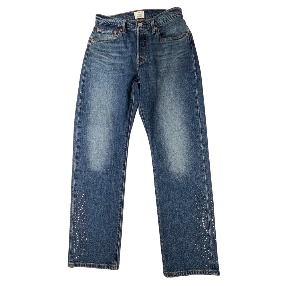 Levis 501 Curve Jeans W30 L30 Med Wash Rhinestone Embellished Straight Leg NEW